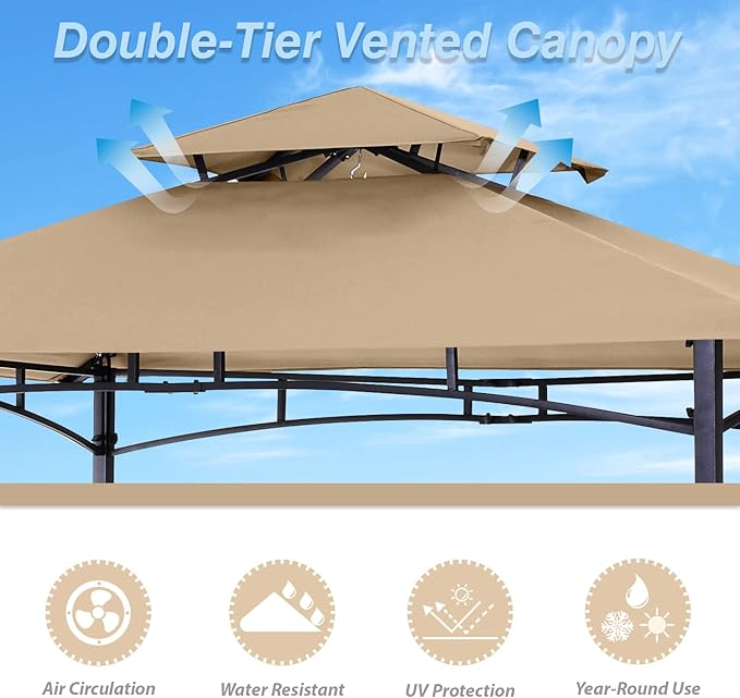 ABCCANOPY 8'x 5' Grill Gazebo Shelter, Outdoor BBQ Gazebo Canopy with LED Light (Khaki)
