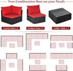 Tangkula 7 Piece Patio Furniture Set, Outdoor Sectional Sofa w/Pillows and Cushions, Wicker Sofa Conversation Set with Coffee Table, Patio Sofa and Tea Table Set for Garden, Lawn (Red)
