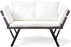Outvita Outdoor Convertible Couch Sofa Bed, Woven Rattan Patio Furniture Daybed w/Adjustable Armrests, Removable Cushions and Pillows for Porch Pool Balcony