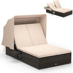 RELAX4LIFE Outdoor Daybed with Retractable Canopy - Wicker Double Chaise Lounge w/6-Position Backrest, 2 Folding Side Trays & Cushions, 2-Seater Loveseat Sunbed for Backyard, Rattan Patio Bed Lounger