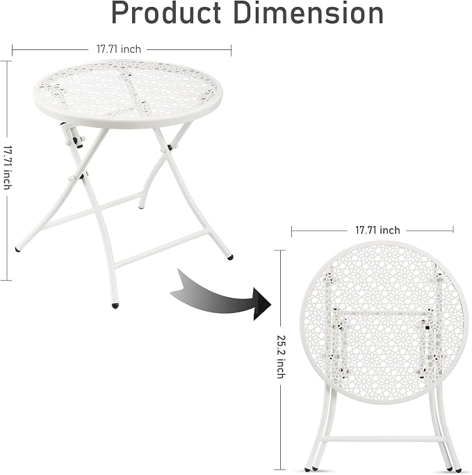 Side Table, Folding Round Metal Patio Table with Flower Cutouts, White
