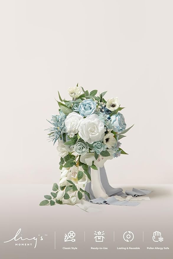 Artificial Flowers: Dusty Blue Cascade Bridal Bouquet, Silk with Pearls