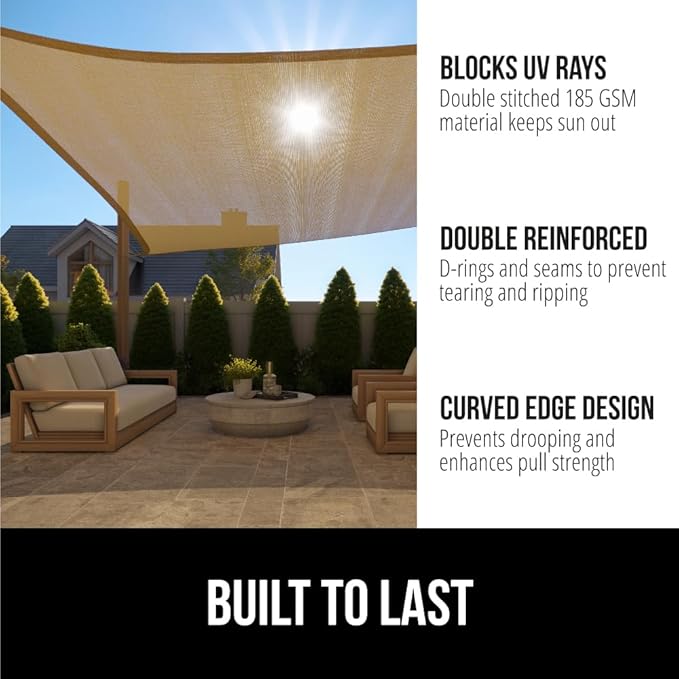 GORILLA GRIP Heavy Duty Sun Shade, UV Protection Fade Tear and Rust Resistant Rectangle Sunshade Canopy, Curved Edges Blocks Sunlight, Breathable Sail, Outdoor Patio, Lawn Garden 12x12 FT Sand