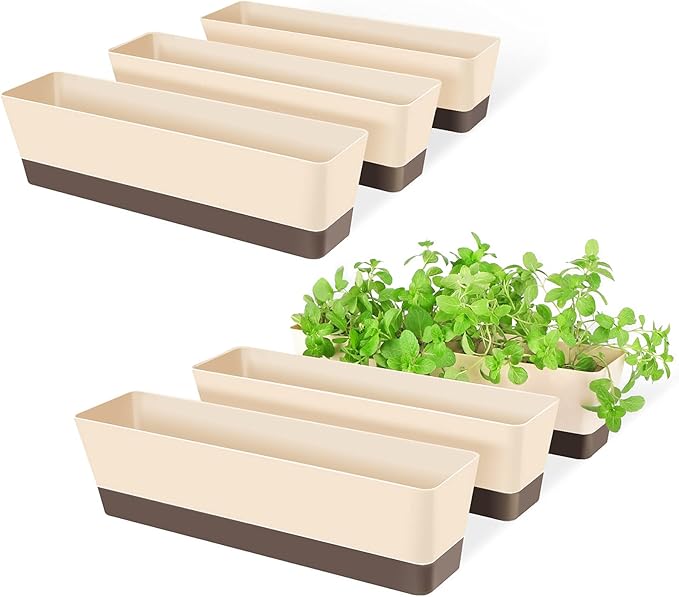 GREANER Indoor Windowsill Planter Boxes, 6 Pack 16 x3.8 Inch Rectangle Succulent Cactus Window Box with Tray, Modern Plastic Plant Pots for Porch, Patio, Garden Balcony, Home Office Outdoor Decoration