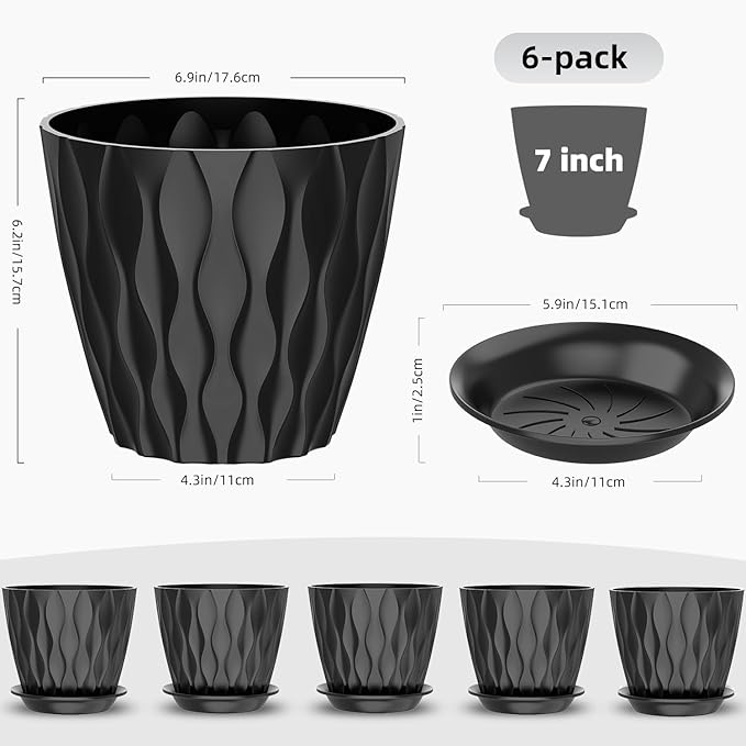 6 Pack 7 Inch Indoor Plant Pots with Drainage Holes, Outdoor Plastic Decorative Flower Pots, Garden Planters with Tray Saucers for Orchids, Violets, Succulents, Herbs, and Other Plants