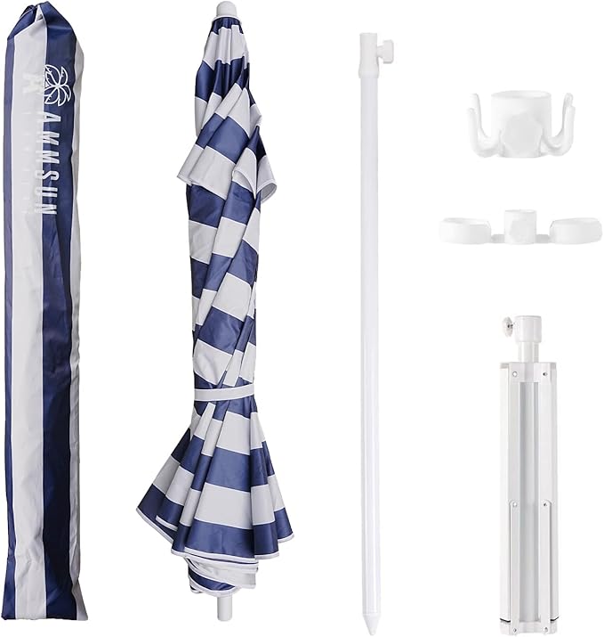 AMMSUN Shade Umbrella, Premium Portable Umbrella with Stand, 6.5ft Lightweight Free Standing Canopy for Sporting Games, Adjustable Instant Sun Protection and Easy to Carry, Stripe Blue
