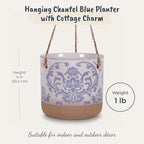 Blue Sky Clayworks 5" Hanging Chantel Blue Planter, Ceramic, 6" x 6" x 5", Soft Blue Damask & Clay Foot