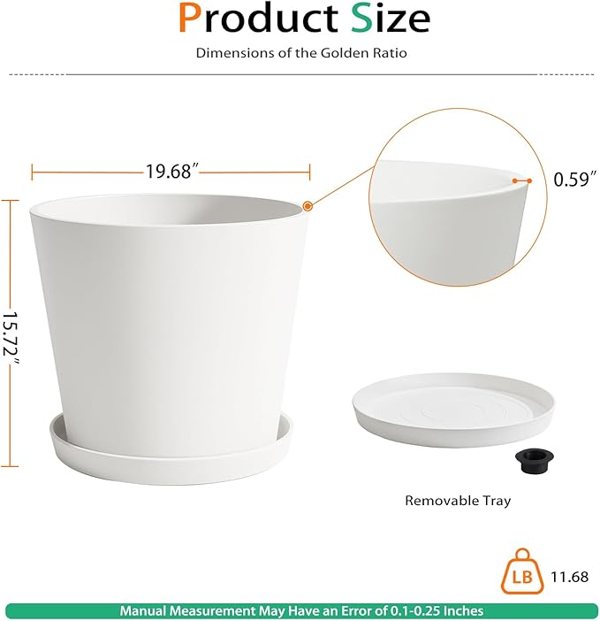 Wide Planters for Outdoor Plants, Extra Large Indoor Flower Pots for Garden, Front Porch, Patio - Round Resin Planter Set of 2 (White, 20 inch - 2 Pack with Saucers)