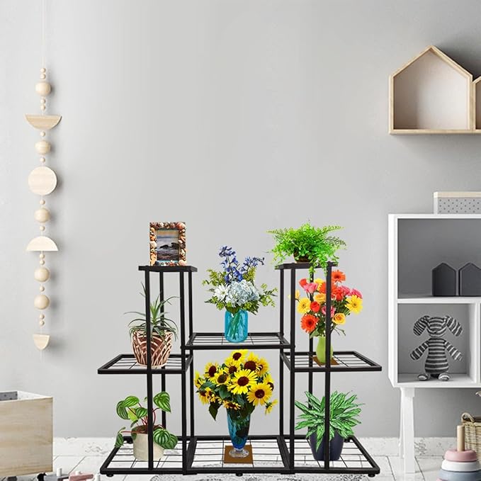 MTB Garden 3 Tier 8 Potted Metal Large Plant Stand for Indoor Outdoor Flower Pot Display Planter Shelf, Charcoal Grey