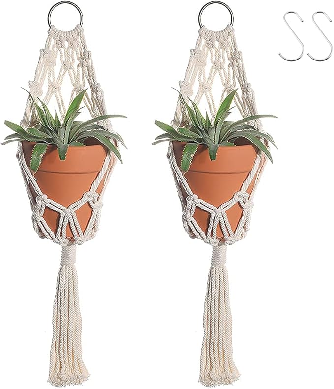 Artilady Boho Macrame Plant Hangers - Handmade Hemp Rope Hanging Baskets for Indoor Plants with Ceiling Hooks, Bohemian Home Decor Outdoor Wall Art (White Hanger-2pcs)