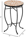 Side Table, 14-Inch Round Glass Top with Mosaic Design, Black Iron