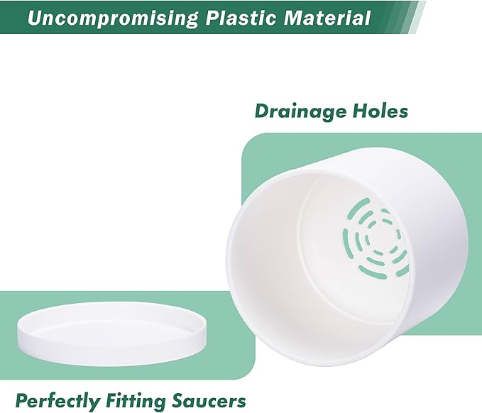 Modern Plastic Planter Pots 6 Inch, Matte White, Set of 4 with Saucers