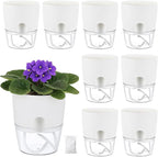 Planterhoma 8 Pack Self Watering Pots for Indoor Plants, 4 Inch Plant Pot Plastic Self Watering Planter for Orchid, African Violet, Small Clear Flower Pots with Drainage Holes and Wicking Rope, White