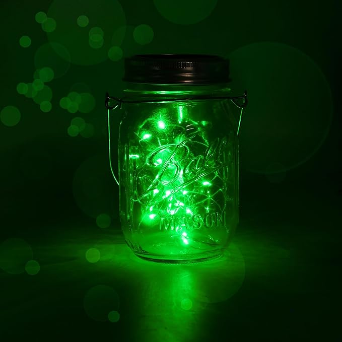 String Lights, 12 Pack Green Solar Mason Jar Lights with 30 LEDs
