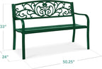 Best Choice Products Outdoor Bench Steel Garden Patio Porch Furniture for Lawn, Park, Deck w/Floral Design Backrest, Slatted Seat - Dark Green