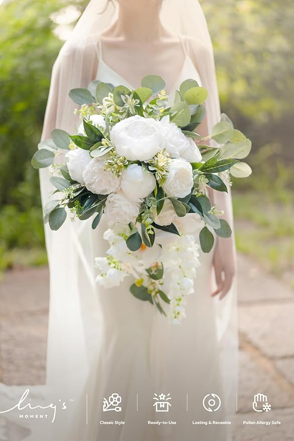 Artificial Flowers Cascading Bridal Bouquet, Faux Silk Peony & Rose
