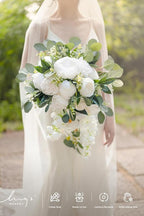 Artificial Flowers Cascading Bridal Bouquet, Faux Silk Peony & Rose