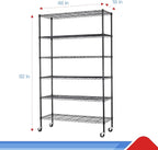 BestOffice | 6-Tier Wire Storage Shelves with Wheels | 18x48x82 | Black | Adjustable Racks | Heavy-Duty Metal Shelf, Holds Upto 510 lbs | No-Tool Assembly | Ideal for Home & Garage Shelving