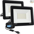 100W Flood Lights Outdoor,12000LM Bright LED Work Light,IP66 Waterproof Outdoor with Switch and 6.5FT Plug,6500K Daylight White Outside Lights for Yard，Garage,Garden,Stadium(2 Pack)