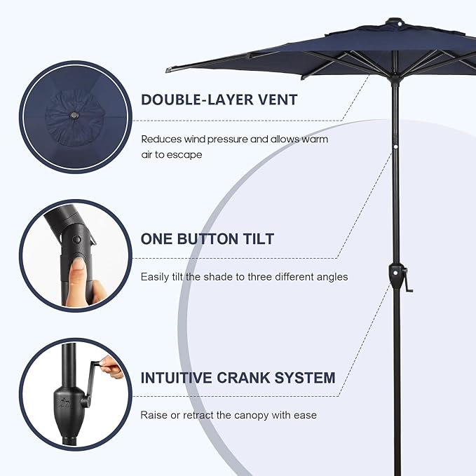 Abba Patio 7.5FT Lyon Outdoor Patio Umbrella Outdoor Table Umbrella with Push Button Tilt and Crank Market Umbrella 6 Sturdy Ribs UV Protection Waterproof for Garden Deck Backyard Pool, Navy Blue