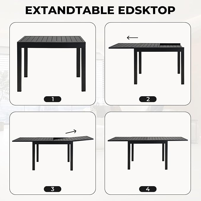 Grand patio 9-Piece Outdoor Dining Set, 8 Leather-Look Wicker Blue Swivel Patio Chairs & 1 Expandable Dining Table, Black