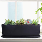 Vencer 12 Inch Rectangular Modern Minimalist Ceramic Succulent Planter Pot - Window Box with Saucer,Office Desktop Potted Stand,Black,VF-0135B