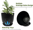 Plant Pots 8 Inch Set of 6, Flower Pots with Drainage Holes and Saucer, Plastic Garden Planters for Indoor & Outdoor Plants (Black)