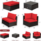 Tangkula 6 Piece Patio Furniture Set, Outdoor Deck Lawn Backyard Sectional Sofa with Coffee Table, Durable Steel Frame PE Rattan Wicker Conversation Set (Red)