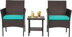 FDW | 3-Piece Patio Furniture Set | Brown & Blue | Outdoor Wicker Furniture with Coffee Table | Modern Rattan Chairs Conversation Set | Outdoor Seating | Weather-Resistant | for Porch, Garden, Lawn