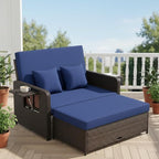 Tangkula Patio Rattan Daybed with 4-Level Adjustable Backrest, Outdoor PE Wicker Loveseat with Storage Ottoman & Folding Side Tray, Double Sunbed Lounger for Balcony, Backyard & Poolside, Navy & Brown