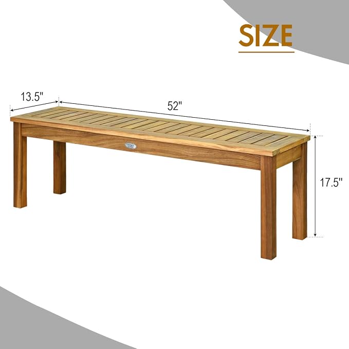 Outdoor Bench, 52 Inch Acacia Wood Backless Patio Bench in Teak