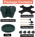 GameXcel Vertical Planter 5 Tier Stackable Planters Garden Planters Strawberry Herb Flower and Vegetable Planter Indoor Outdoor Gardening Pots with Removable Wheels and Tools