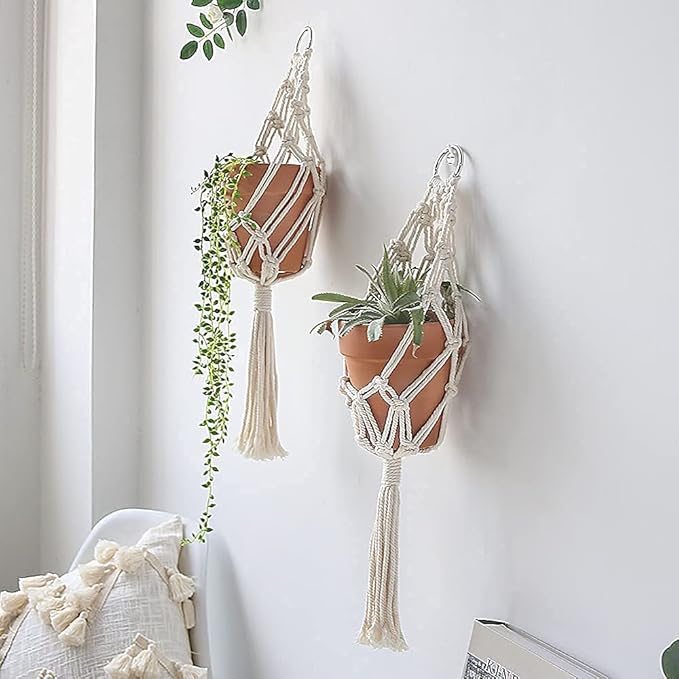Artilady Boho Macrame Plant Hangers - Handmade Hemp Rope Hanging Baskets for Indoor Plants with Ceiling Hooks, Bohemian Home Decor Outdoor Wall Art (White Hanger-2pcs)