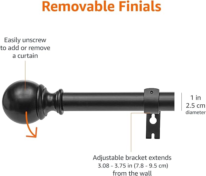 Amazon Basics Sturdy Adjustable Curtain Rod for Windows with Round Finials, 1-Inch, 72" to 144", Black, 1-Pack