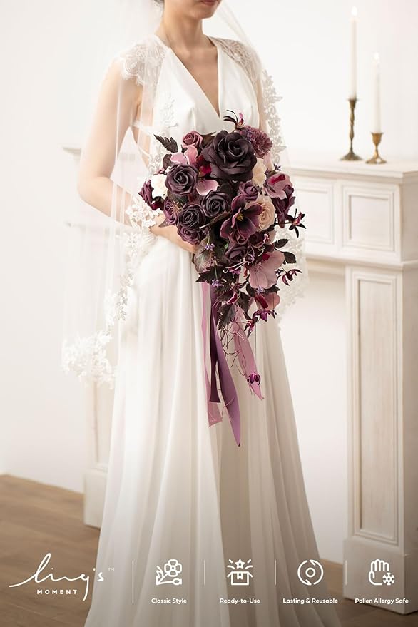 Artificial Flowers Plum Cascade Wedding Bouquet, Silk with Pearls, 13 Inch