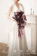 Artificial Flowers Plum Cascade Wedding Bouquet, Silk with Pearls, 13 Inch