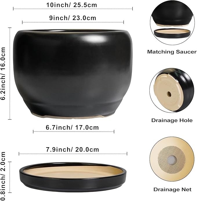 SQOWL Ceramic Flower Pot - 10 Inch Planter with Drainage Hole and Saucer, Modern Large Plant Pot Indoor Outdoor, Decorative Round Planter, Bedroom Decor, Gifts for Plant Lovers, Black