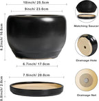 SQOWL Ceramic Flower Pot - 10 Inch Planter with Drainage Hole and Saucer, Modern Large Plant Pot Indoor Outdoor, Decorative Round Planter, Bedroom Decor, Gifts for Plant Lovers, Black