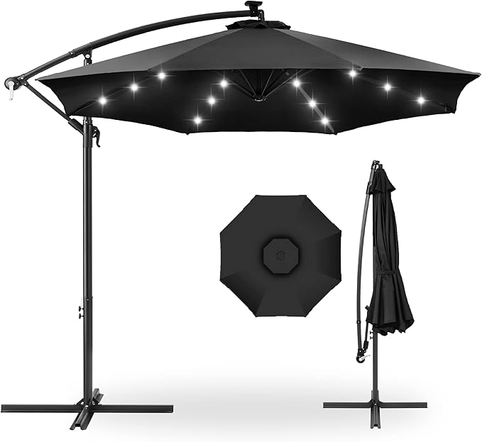 Best Choice Products 10ft Solar LED Offset Cantilever Hanging Market Patio Umbrella, 8 Sturdy Ribs, Easy Adjustment - Black