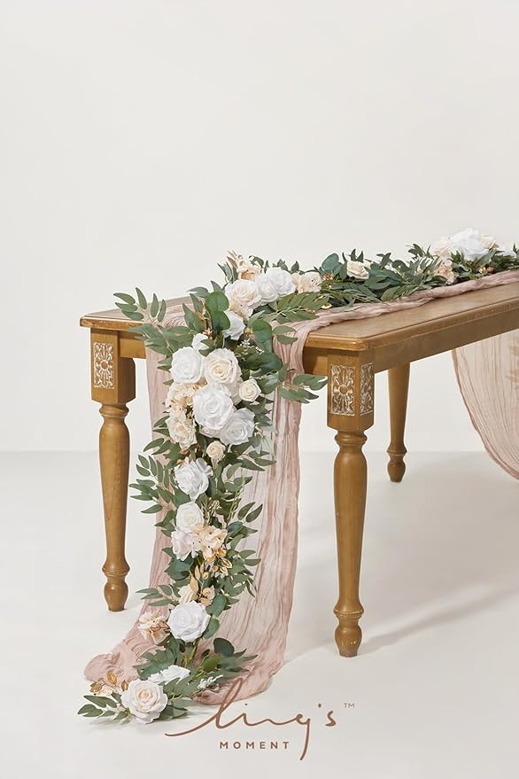 Artificial Flower Garland, 6 Ft Eucalyptus & Willow Leaf in White Beige