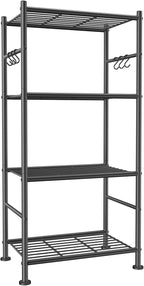Storage Shelves - 4-Tier Large Capacity Shelf Organizer with Hooks, Heavy-Duty Garage Shelving with Leveling Feet, Wobble-Free Rack for Bedroom, Balcony, Garage, 18.1"×12.4"×43.7", Black
