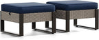 Joyside Outdoor Patio, All-Weather PE Rattan Ottomans Footstools with Removable Cushions & Anti-Rust Wood-Looking Legs for Garden, Backyard, Porch, Deck (Blue)
