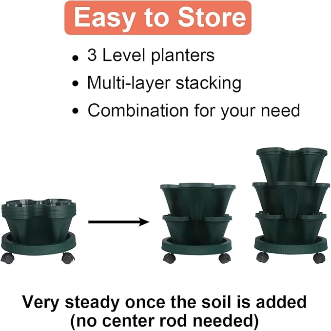 Vertical Planter 3 Tier Stackable Planters Garden Planters Strawberry Herb Flower and Vegetable Planter Indoor Outdoor Gardening Pots with Removable Wheels and Tools