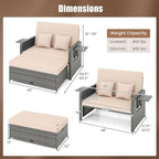 HAPPYGRILL Patio Rattan Wicker Daybed with Loveseat & Storage Ottoman, Outdoor Lounge Sofa Furniture Set with Adjustable Backrest & Side Trays, for Poolside Deck Porch Lawn (Mix Grey & Beige)