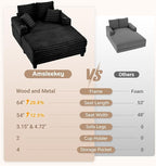 64" Chaise Lounge Chair Indoor, Oversized Sleeper Chair with Wood Frame, Upholstered Sofa Bed for Living Room, Movie Room, Bedroom with 4 Storage Pockets&2 Cup Holders(Plush Corduroy, Black)
