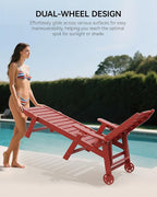 Carauci Lounge Chair Outdoor Set of 2, HDPE Chaise Lounge with Wheels, 5-Position Adjustable Backrest & 2 Cup Holders Patio Lounge Chair, All-Weather Pool Sun Lounger for Poolside, Backyard, Red