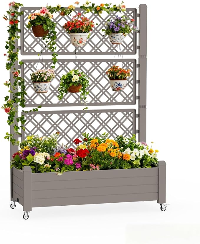 Mobile Garden Planter with Trellis & Lockable Wheels, Outdoor Raised Bed with Drainage & Water Gauge, Weather-Resistant Resin for Patio, Balcony, Yard, Dust-Resistant (Grey, 43.43*18.27*64.29)