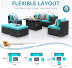 NICESOUL 29.3'' High-Back Outdoor Patio Furniture Set with Firepit Propane & Natural Gas, Oversized Deep Seat Rattan Conversations for Tall People, 7 Piece Couches, 2 Color Cushions Turquoise & Grey