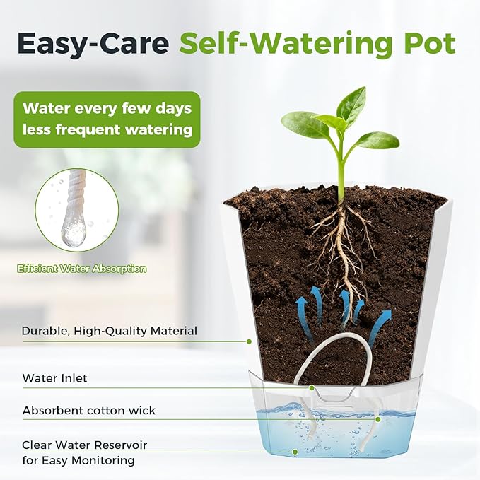 6 Pack Self Watering Pots for Indoor Plants, 8.4 Inches Self Watering Planters Large African Violet Self Watering Clear Pots for Plants Large Herb Orchid Flower Houseplant Pots, White
