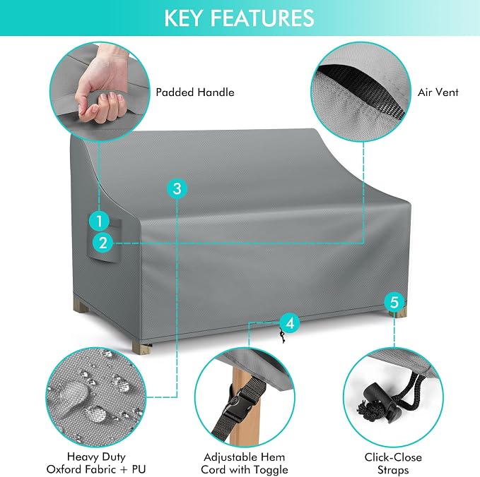 Sofa Cover for 2-Seat Patio Loveseat, Waterproof Grey Polyester with Air Vent